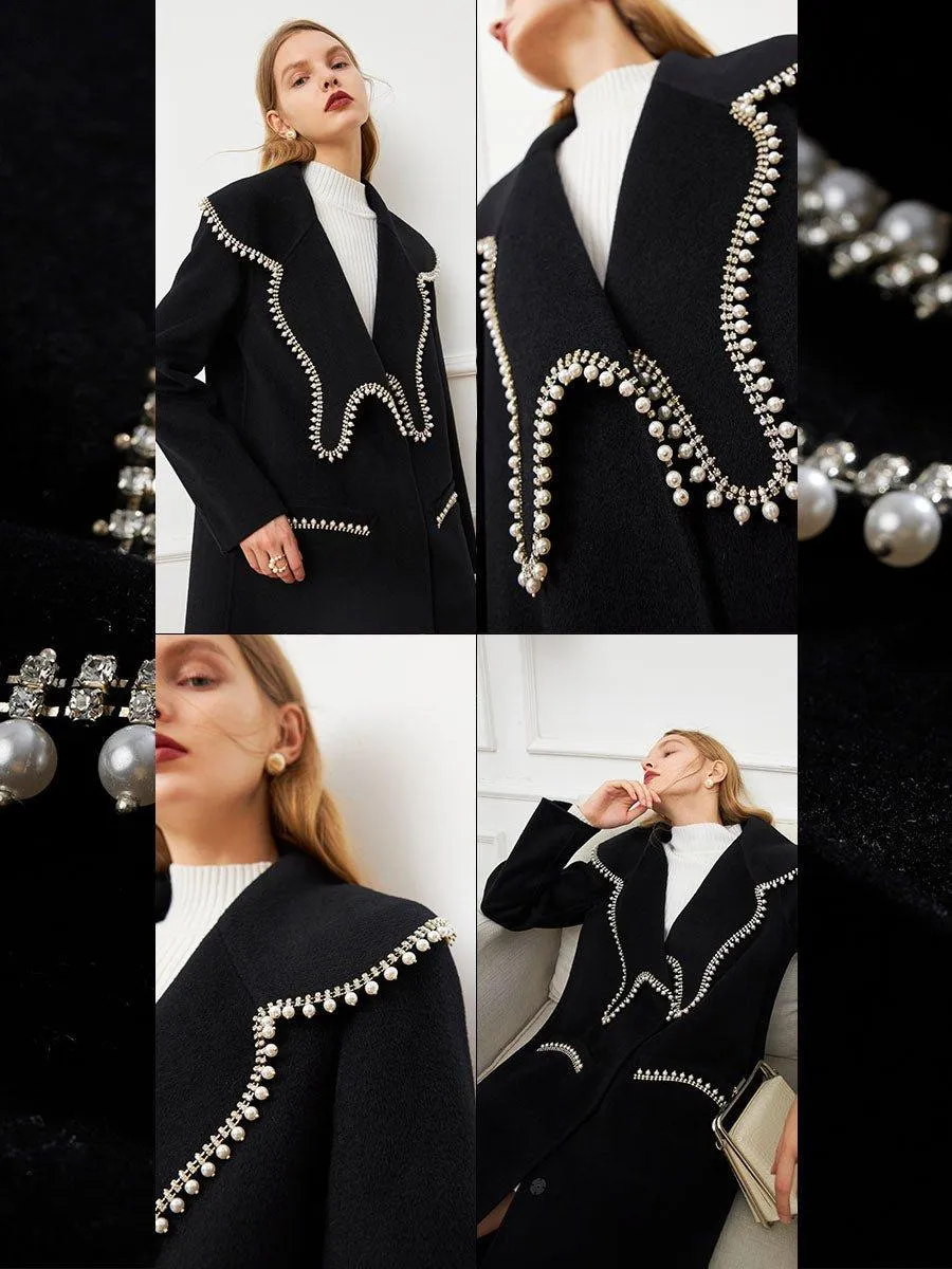 FINAL SALE DPLAY Fall Winter Black Pearl Collar 100% Wool Reversible Jacket coat - Usi