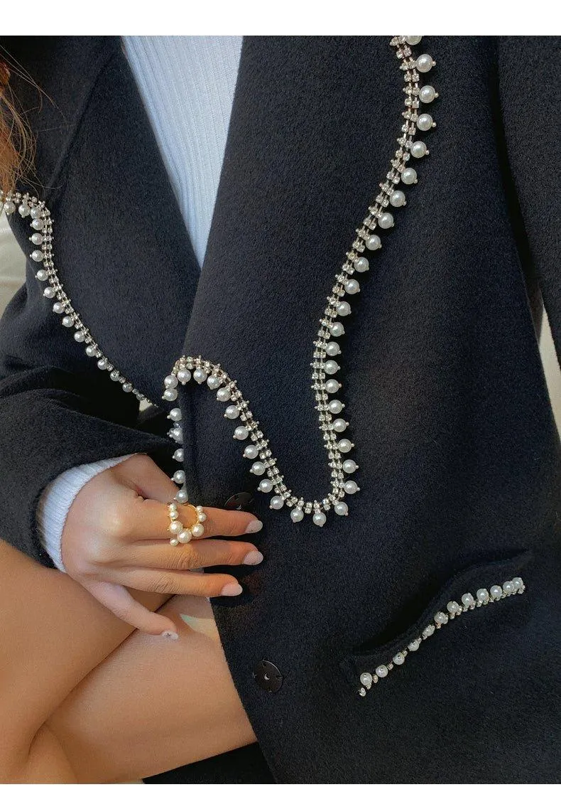 FINAL SALE DPLAY Fall Winter Black Pearl Collar 100% Wool Reversible Jacket coat - Usi