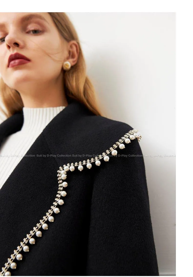 FINAL SALE DPLAY Fall Winter Black Pearl Collar 100% Wool Reversible Jacket coat - Usi