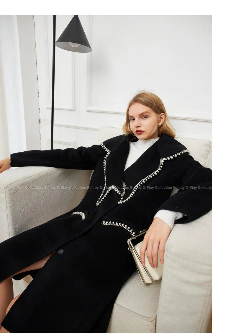 FINAL SALE DPLAY Fall Winter Black Pearl Collar 100% Wool Reversible Jacket coat - Usi