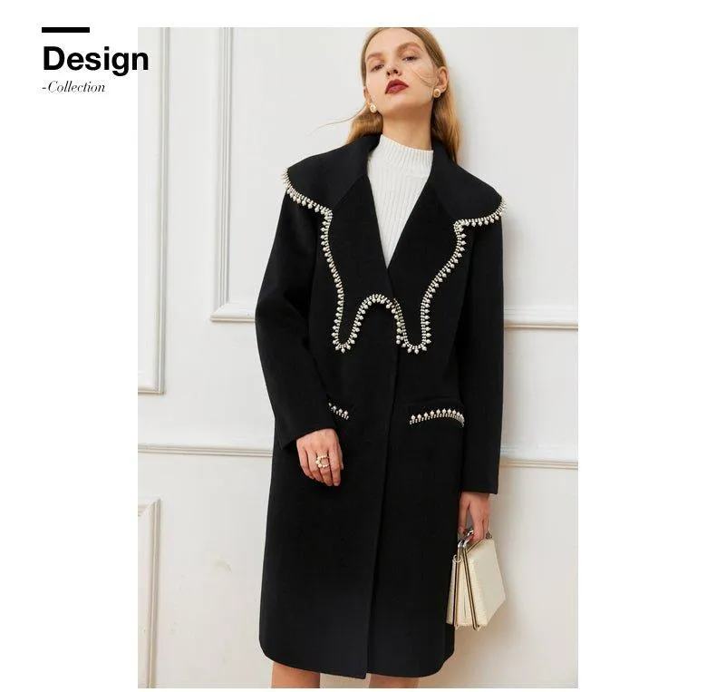 FINAL SALE DPLAY Fall Winter Black Pearl Collar 100% Wool Reversible Jacket coat - Usi