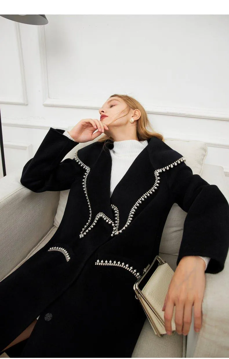 FINAL SALE DPLAY Fall Winter Black Pearl Collar 100% Wool Reversible Jacket coat - Usi