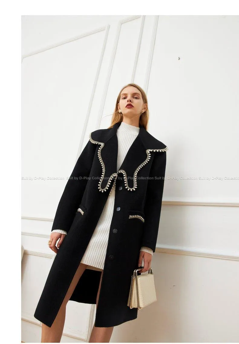 FINAL SALE DPLAY Fall Winter Black Pearl Collar 100% Wool Reversible Jacket coat - Usi