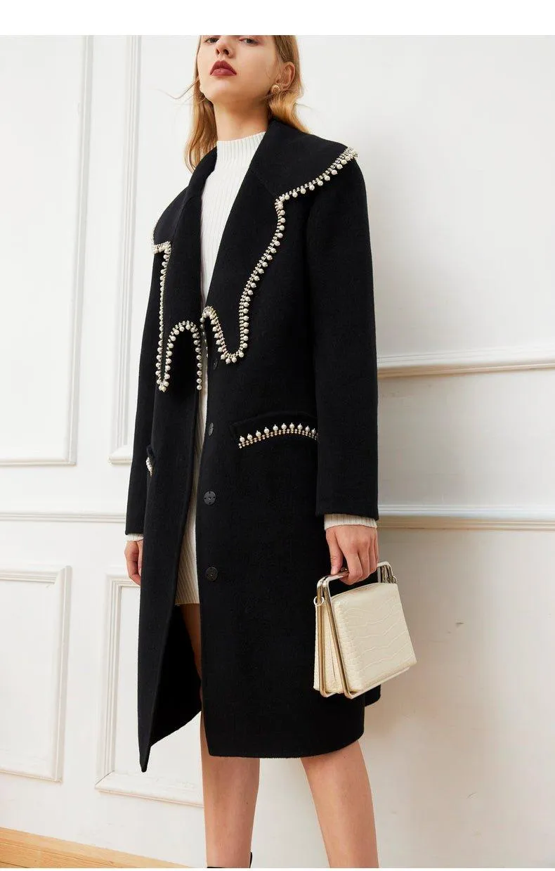 FINAL SALE DPLAY Fall Winter Black Pearl Collar 100% Wool Reversible Jacket coat - Usi