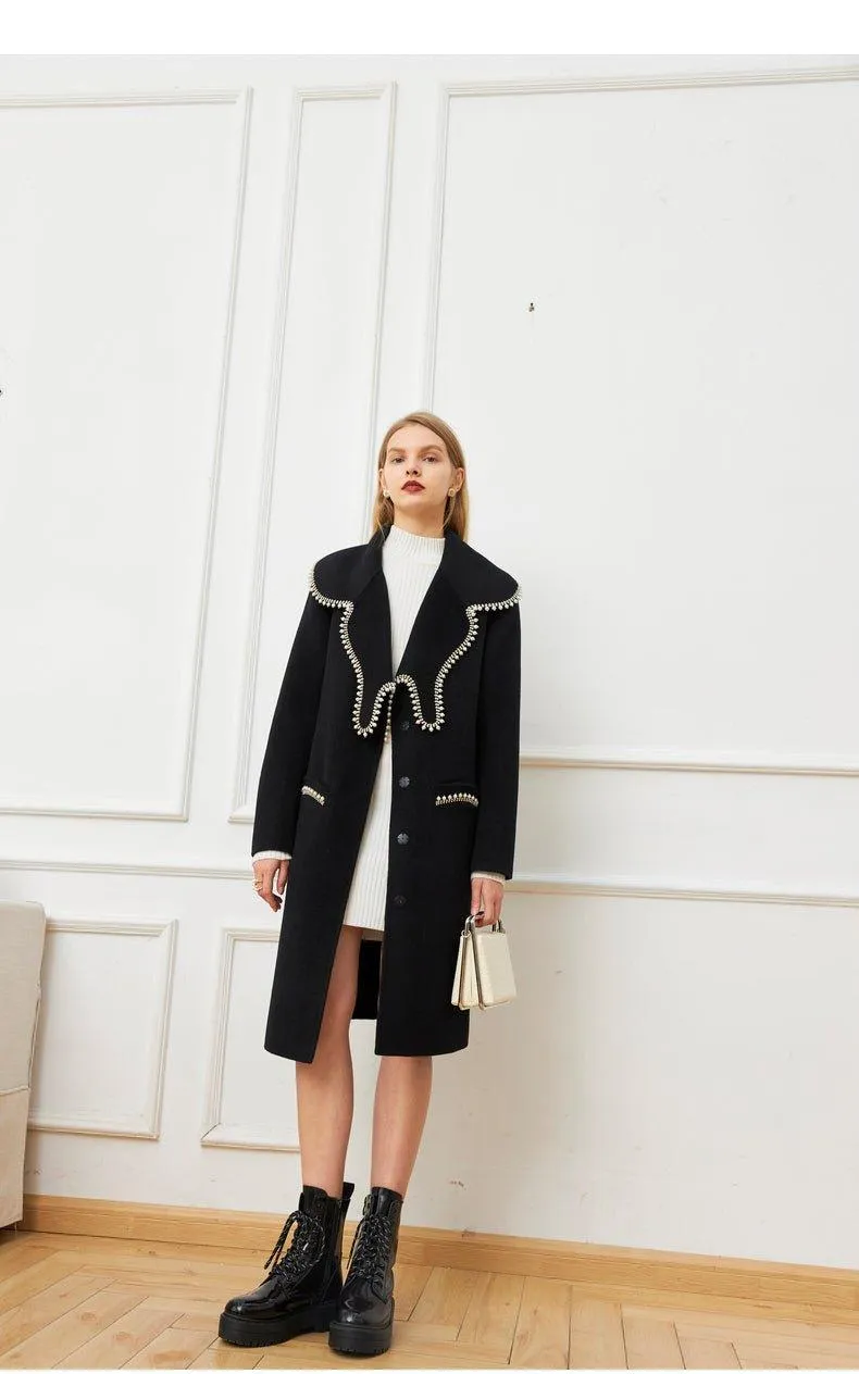 FINAL SALE DPLAY Fall Winter Black Pearl Collar 100% Wool Reversible Jacket coat - Usi