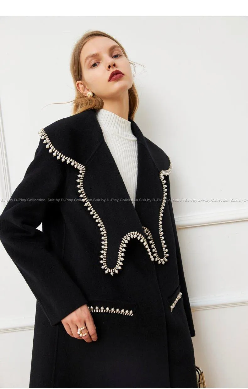 FINAL SALE DPLAY Fall Winter Black Pearl Collar 100% Wool Reversible Jacket coat - Usi
