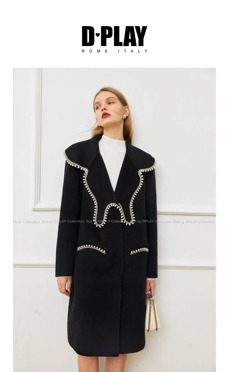 FINAL SALE DPLAY Fall Winter Black Pearl Collar 100% Wool Reversible Jacket coat - Usi