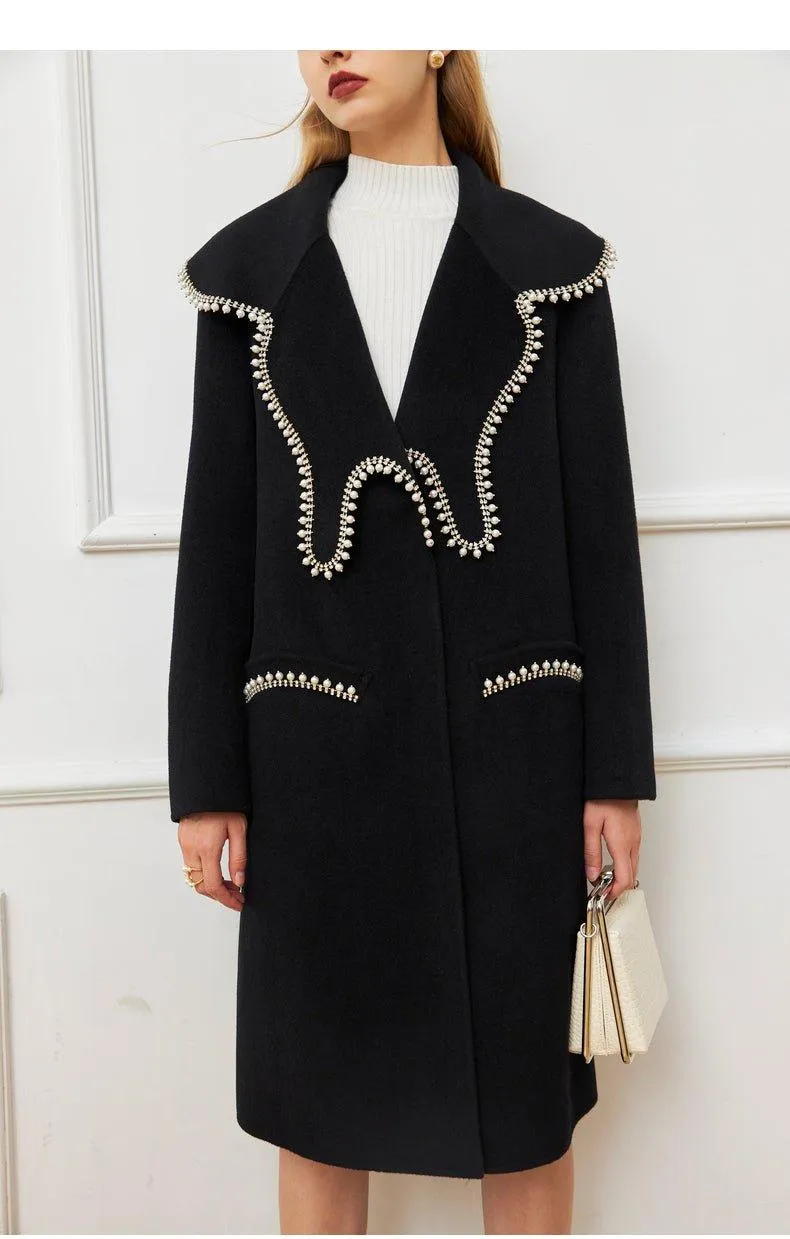 FINAL SALE DPLAY Fall Winter Black Pearl Collar 100% Wool Reversible Jacket coat - Usi
