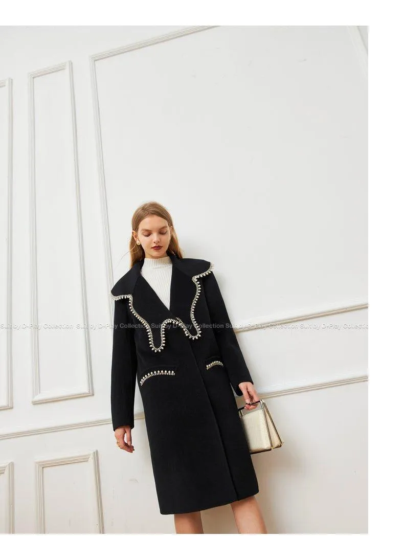 FINAL SALE DPLAY Fall Winter Black Pearl Collar 100% Wool Reversible Jacket coat - Usi