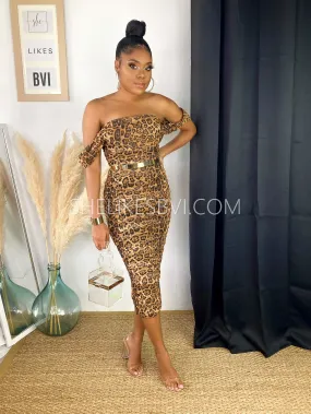 Finesse Off Shoulder Midi Brown Leopard Dress