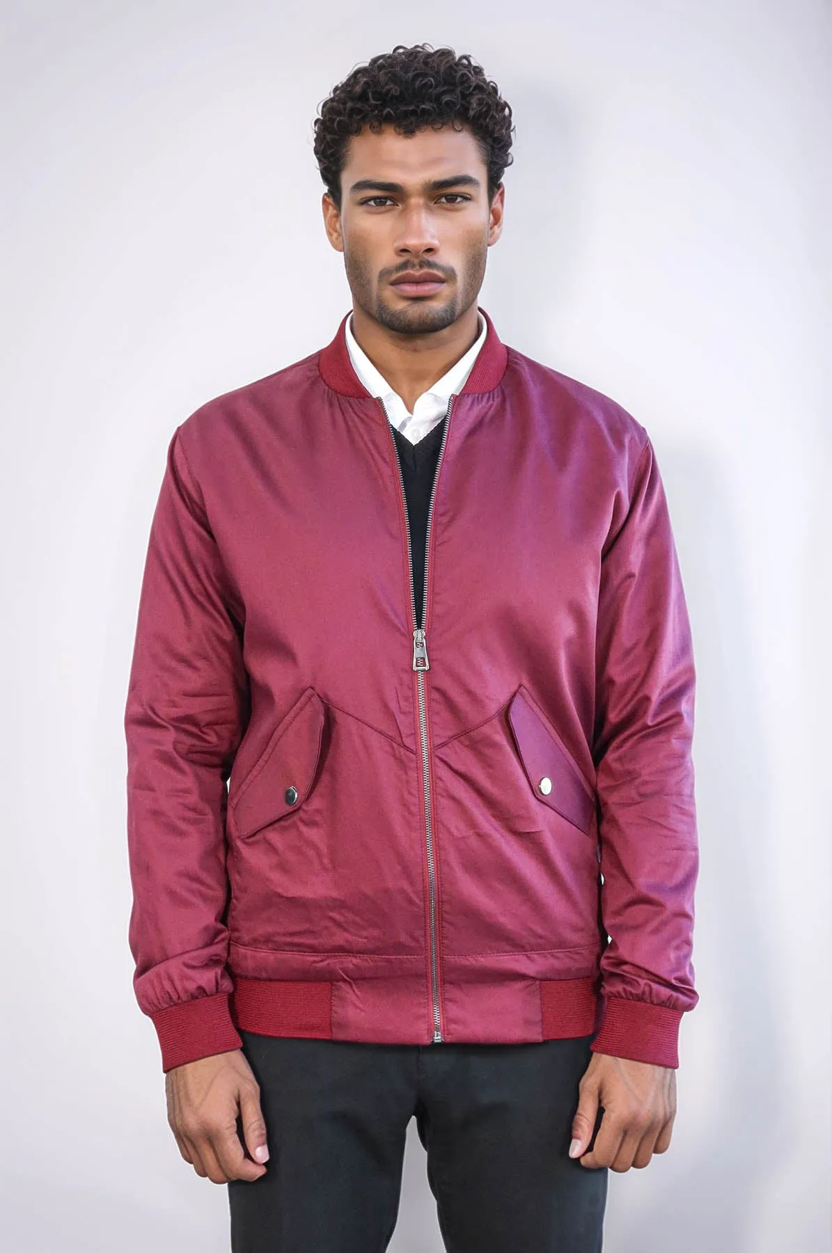 Flap Pockets Zippered Burgundy Men Bomber Coat - Wessi