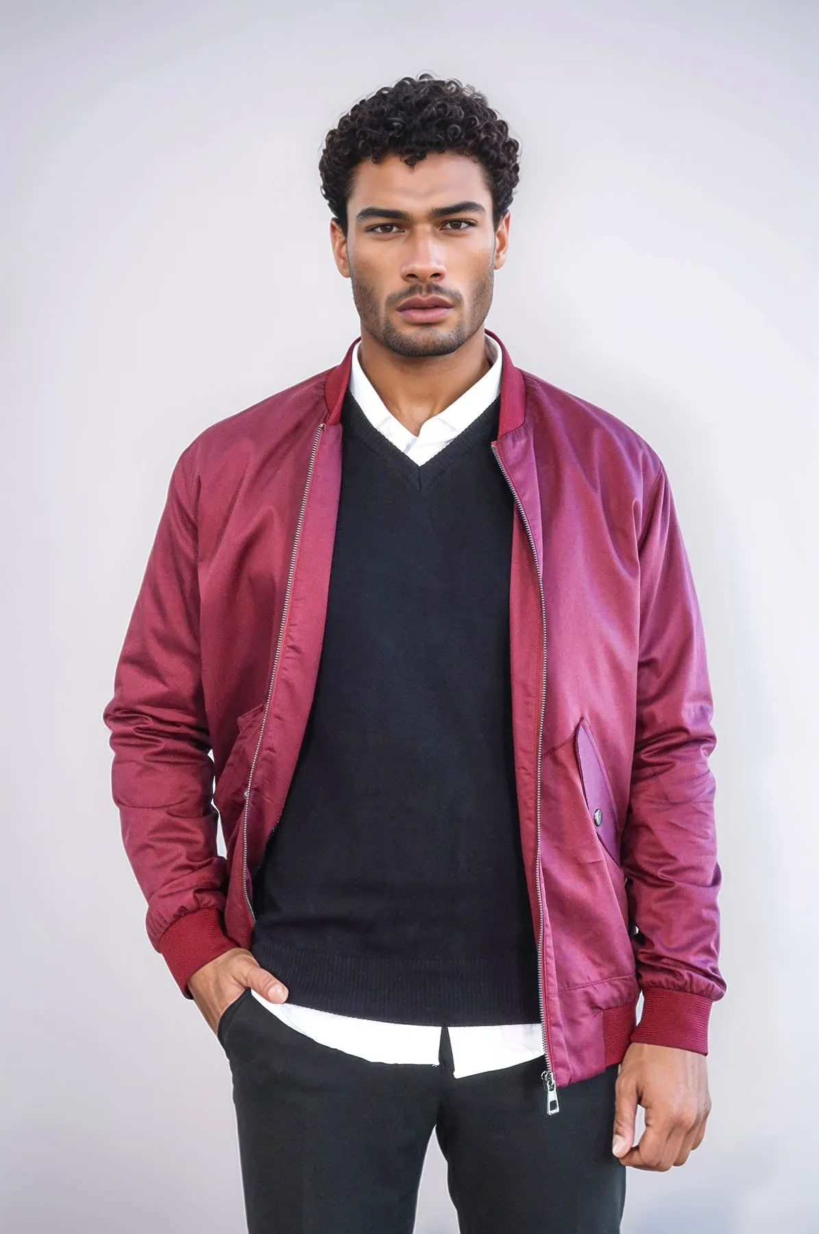 Flap Pockets Zippered Burgundy Men Bomber Coat - Wessi