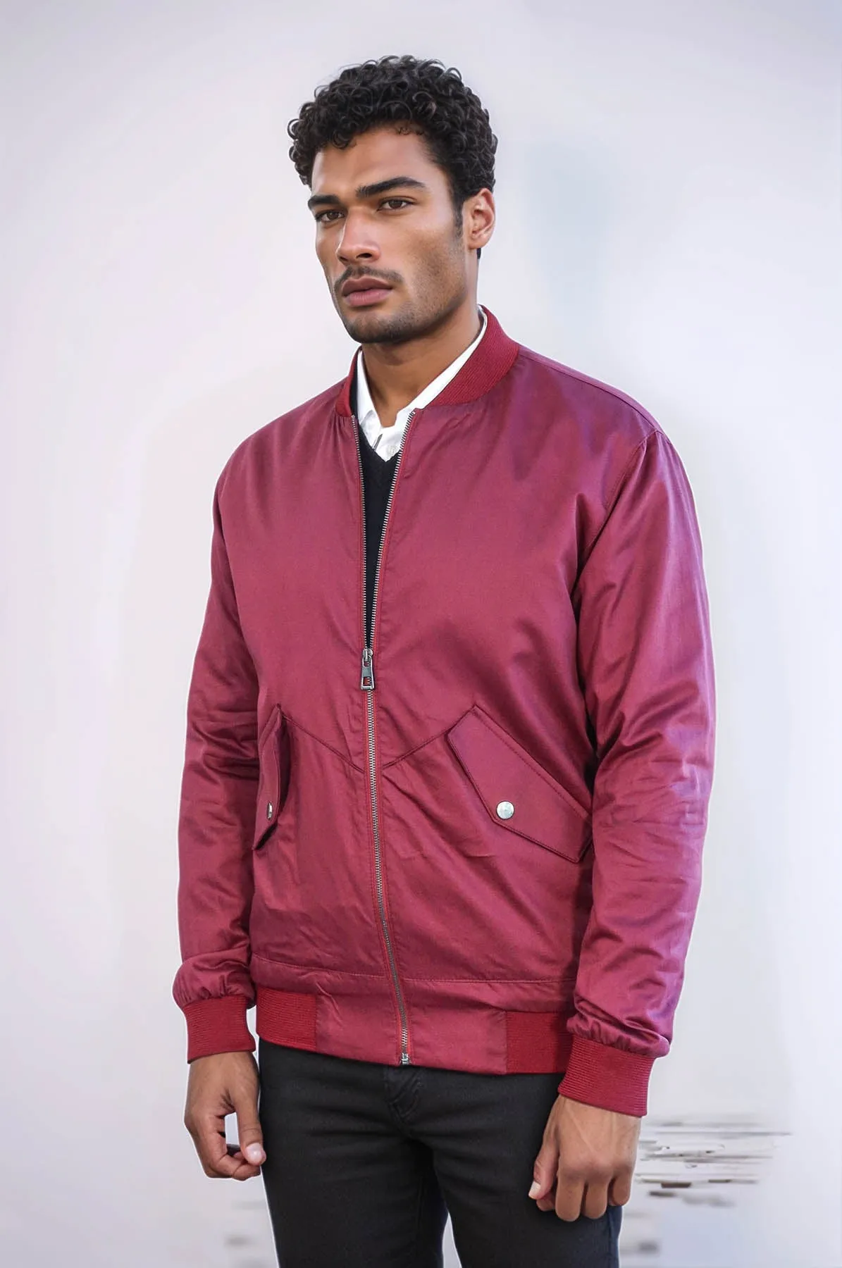 Flap Pockets Zippered Burgundy Men Bomber Coat - Wessi