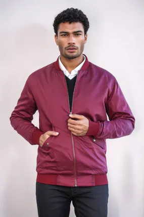 Flap Pockets Zippered Burgundy Men Bomber Coat - Wessi