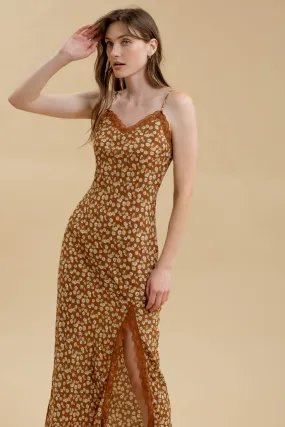 FLORAL LACE TRIM SPLIT THIGH SLIP MAXI DRESS