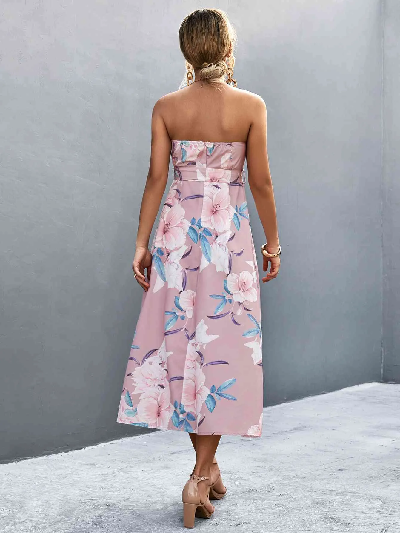 Floral Print Tie Waist Straight Neck Midi Dress