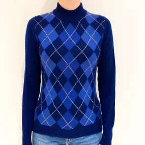 French Navy Blue Argyle Front Cashmere Turtle Neck Jumper Extra Small