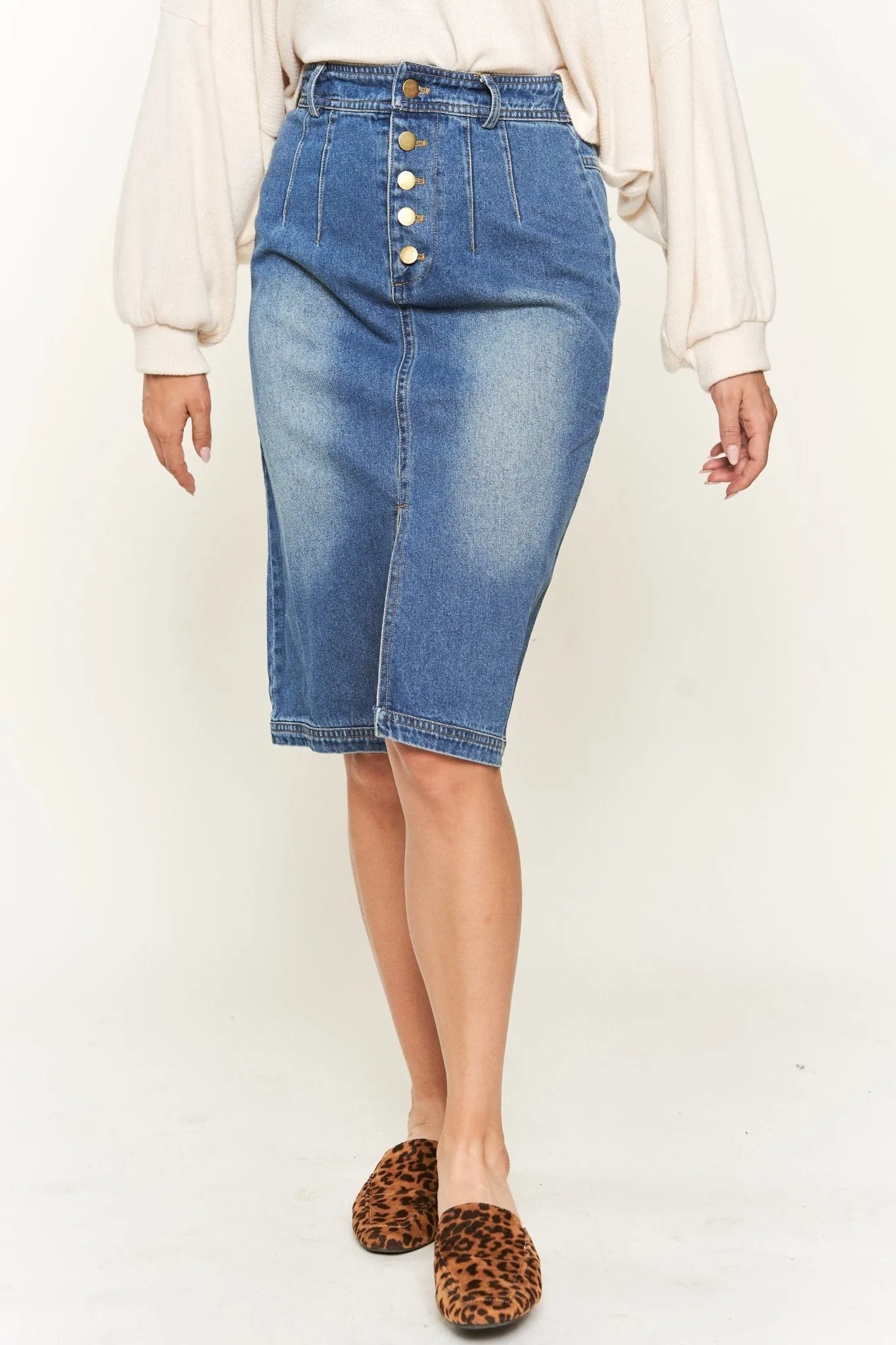 Front Slit Denim Midi Skirt