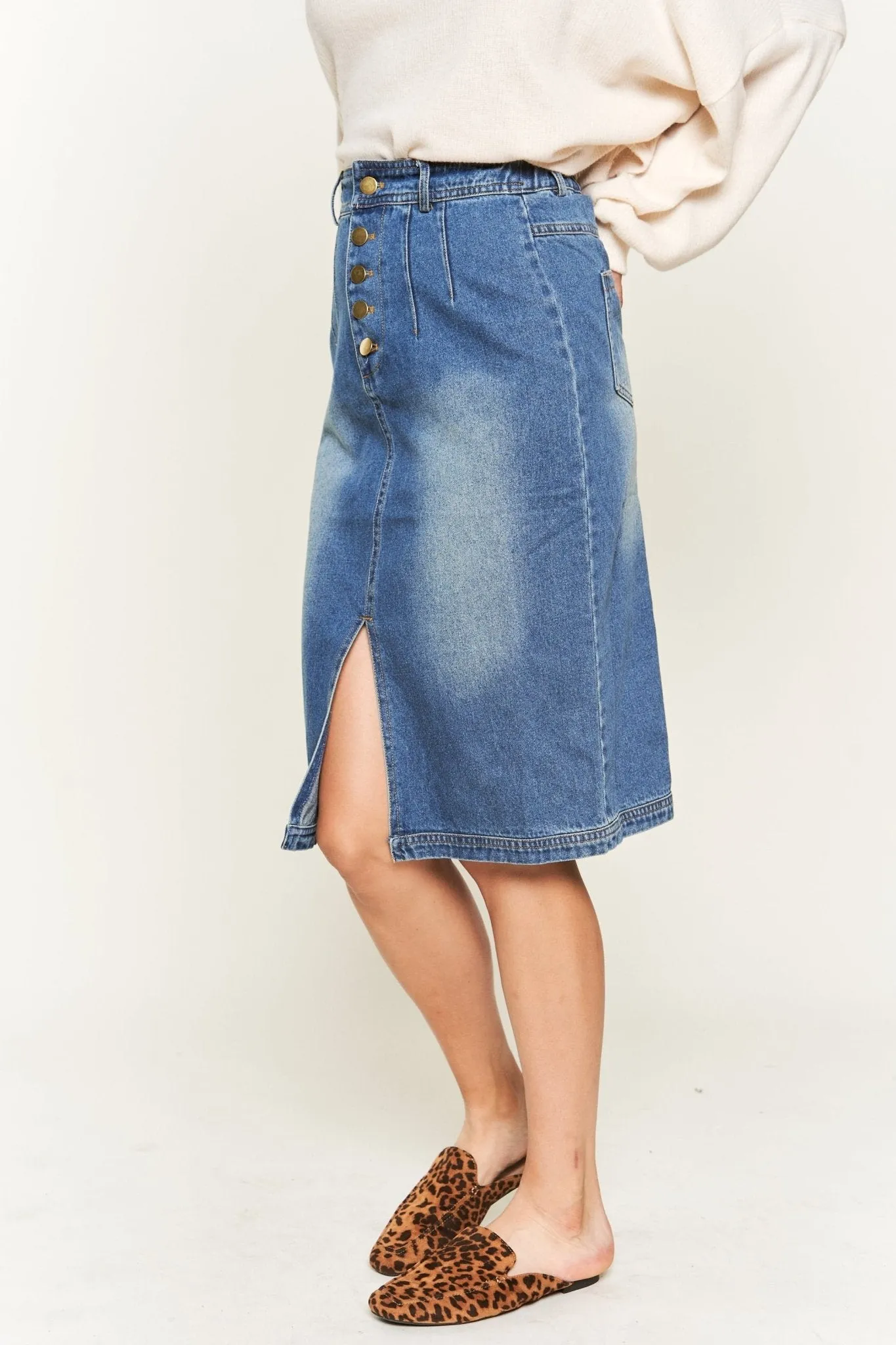 Front Slit Denim Midi Skirt