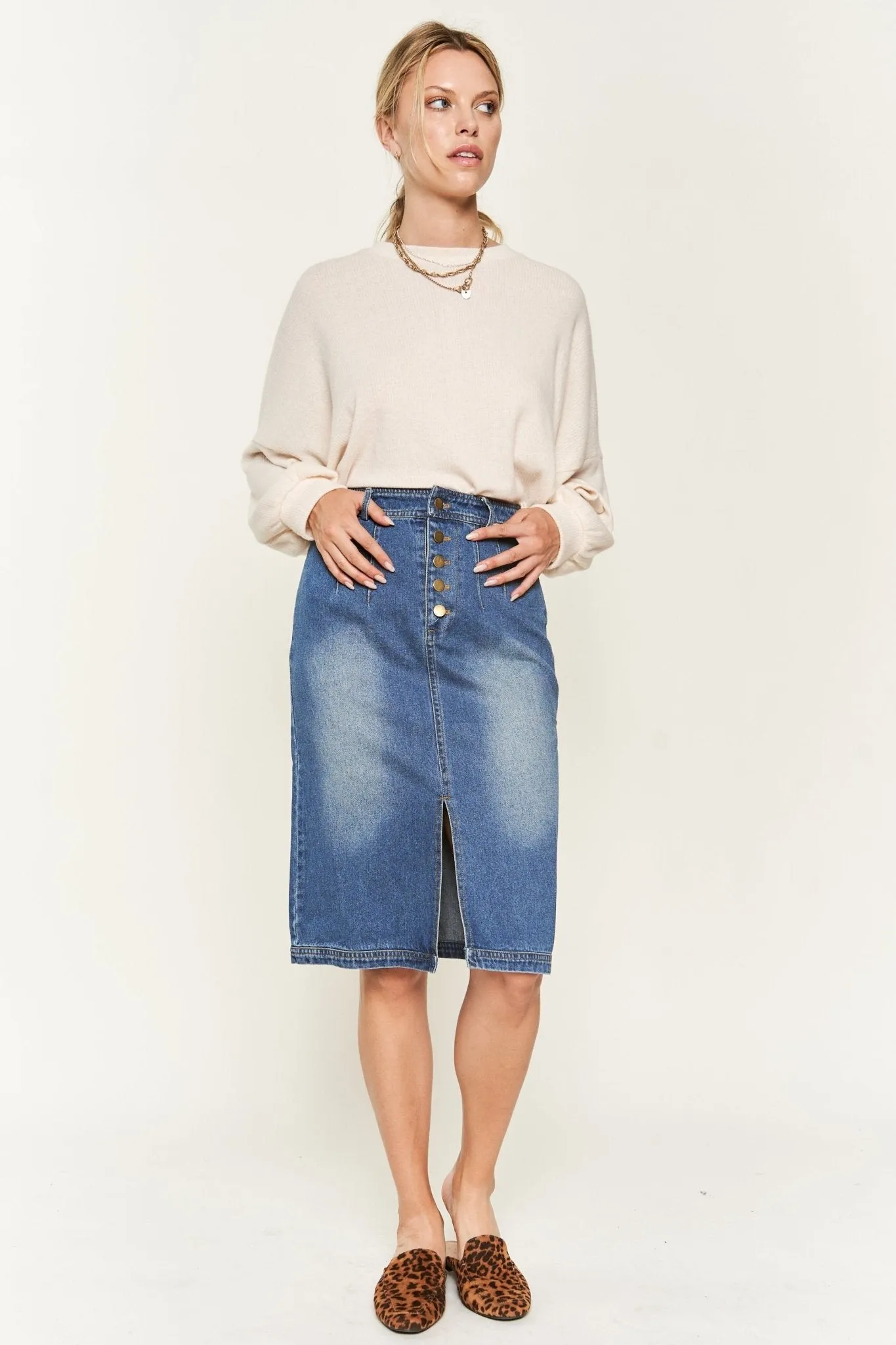 Front Slit Denim Midi Skirt