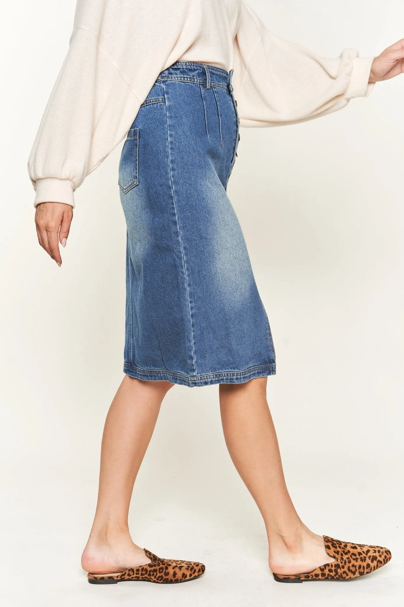 Front Slit Denim Midi Skirt