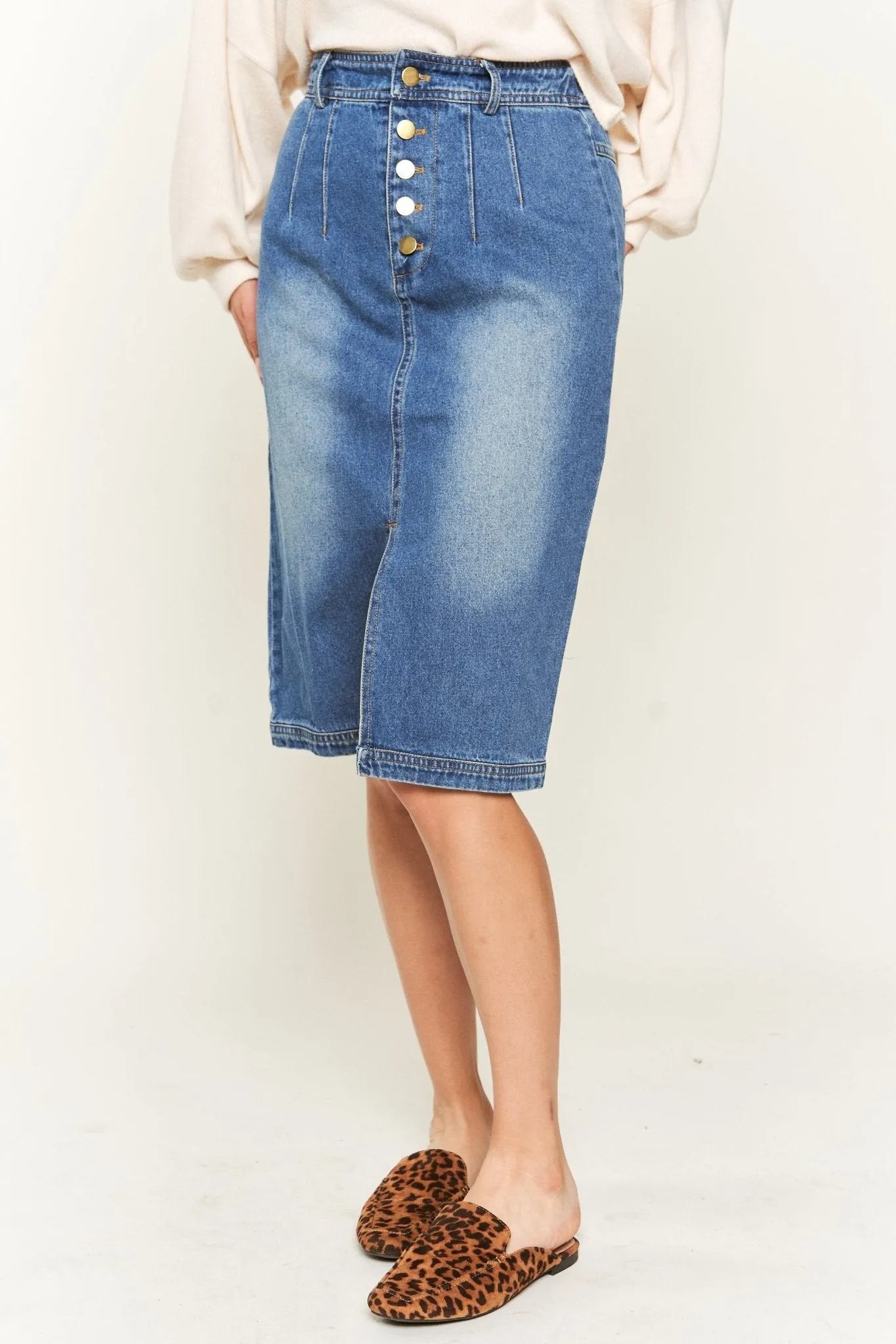 Front Slit Denim Midi Skirt