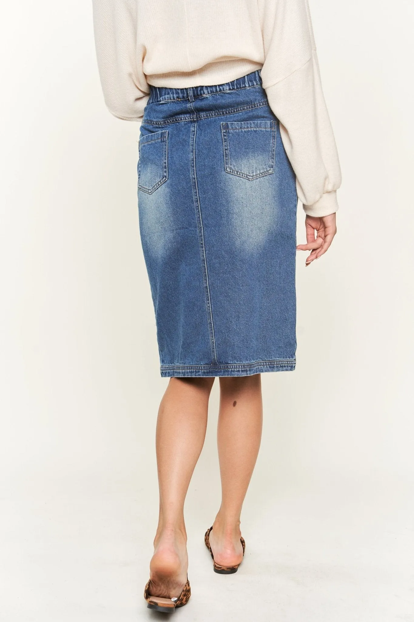 Front Slit Denim Midi Skirt