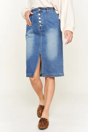 Front Slit Denim Midi Skirt