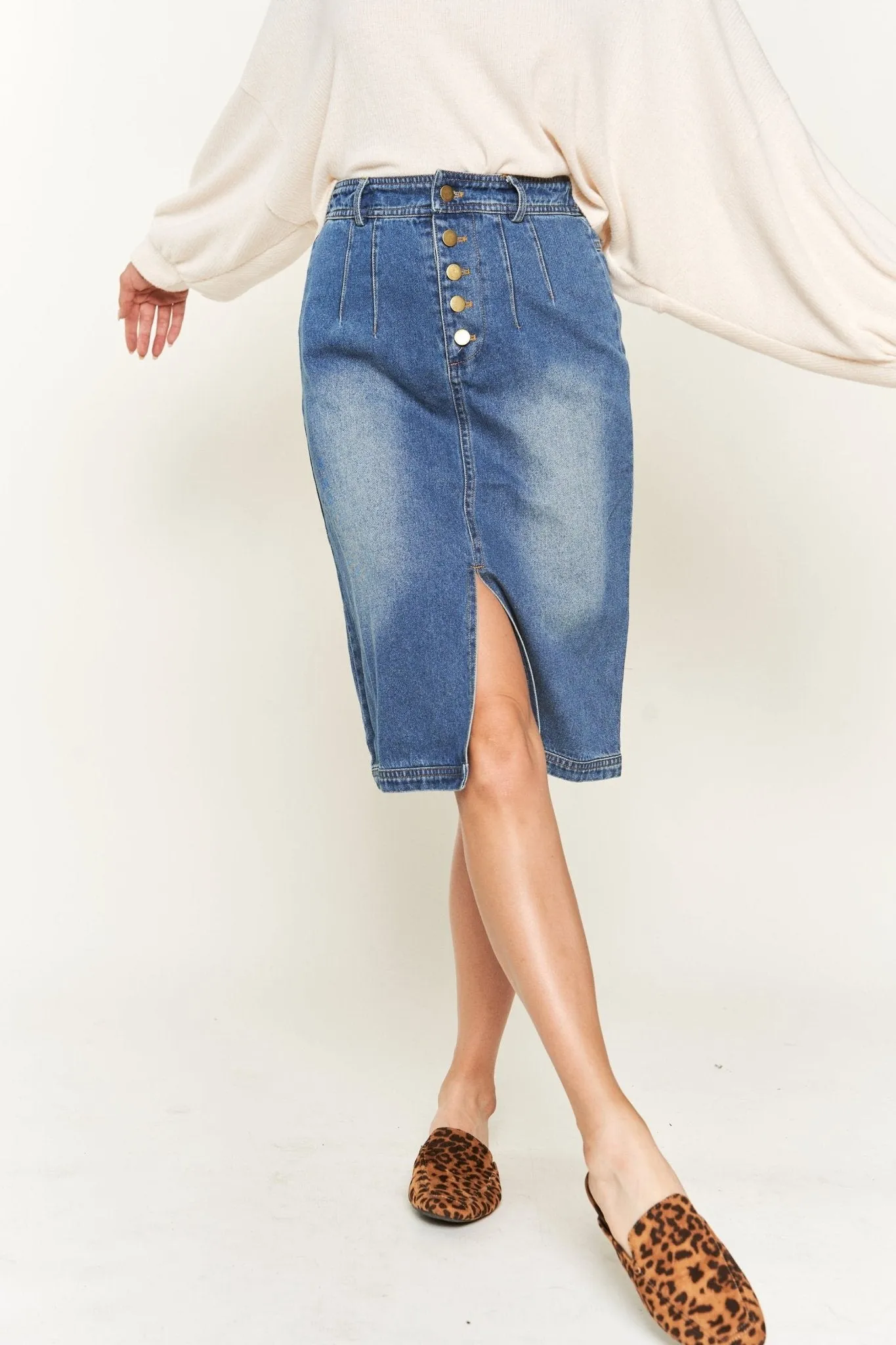 Front Slit Denim Midi Skirt
