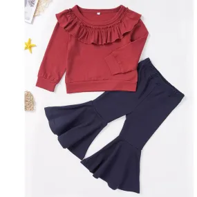 Girls Long Sleeve Round Neck Solid Tops&Flare Pants Girls Boutique Wholesale