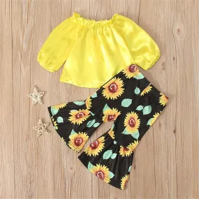 Girls Off Shoulder Long Sleeve Tops & Sunflower Printed Flare Pants