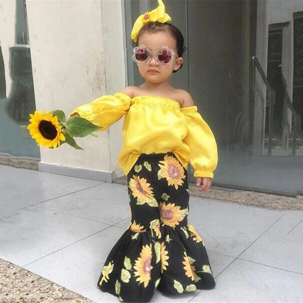 Girls Off Shoulder Long Sleeve Tops & Sunflower Printed Flare Pants
