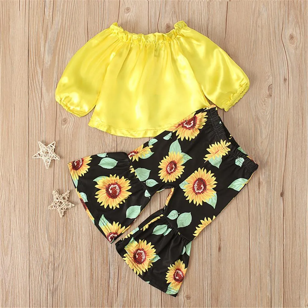 Girls Off Shoulder Long Sleeve Tops & Sunflower Printed Flare Pants