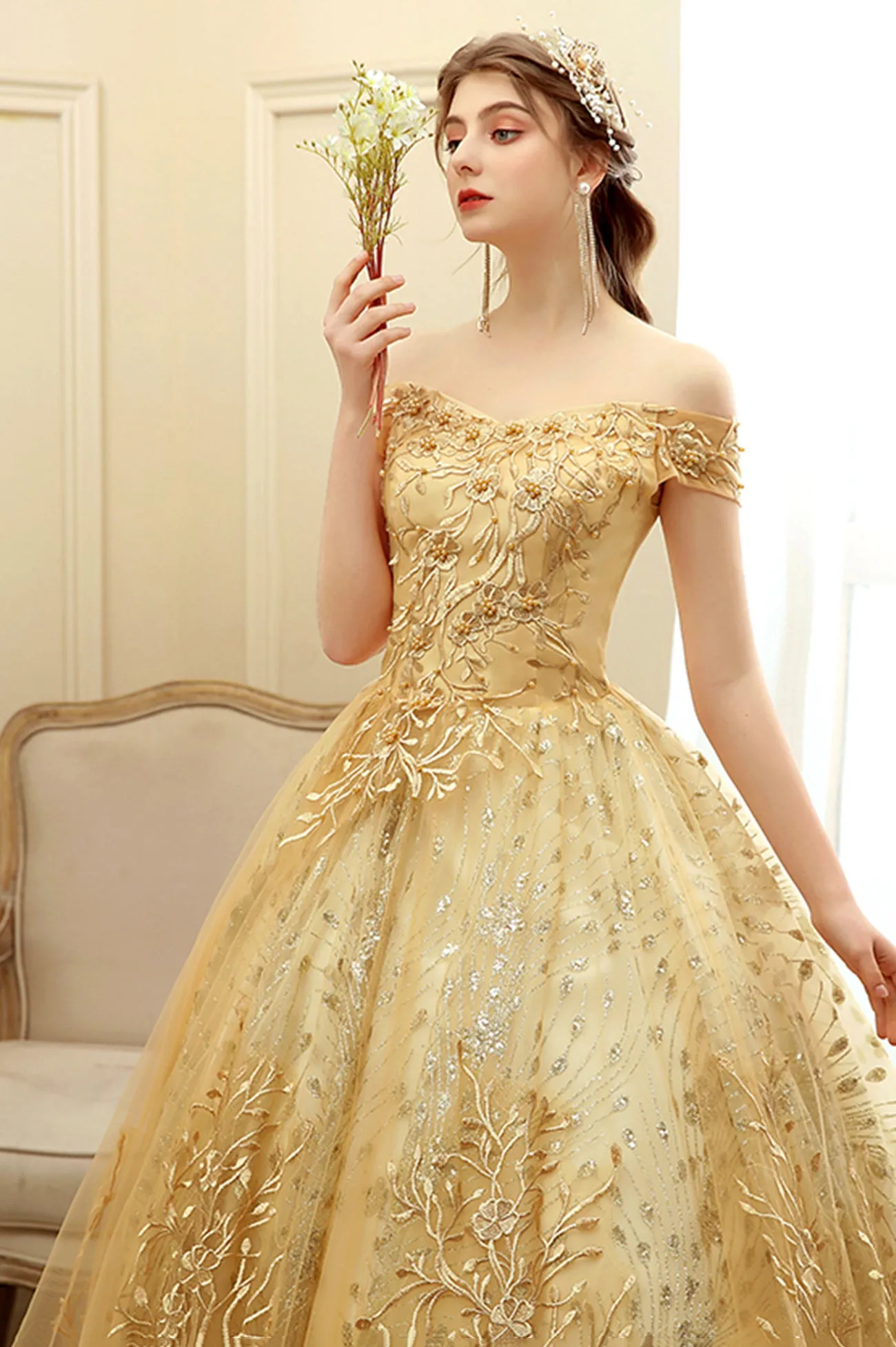 Gold Lace Long A-Line Ball Gown, Off the Shoulder Evening Party Gown