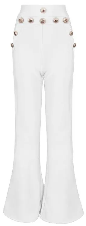 Gold Lion-Head Button-Embellished Stretch Flared Leg Pants, White