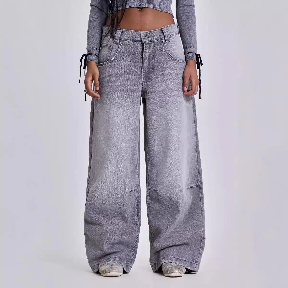 Gray Y2K Washed Distressed Casual Straight-Leg Jeans