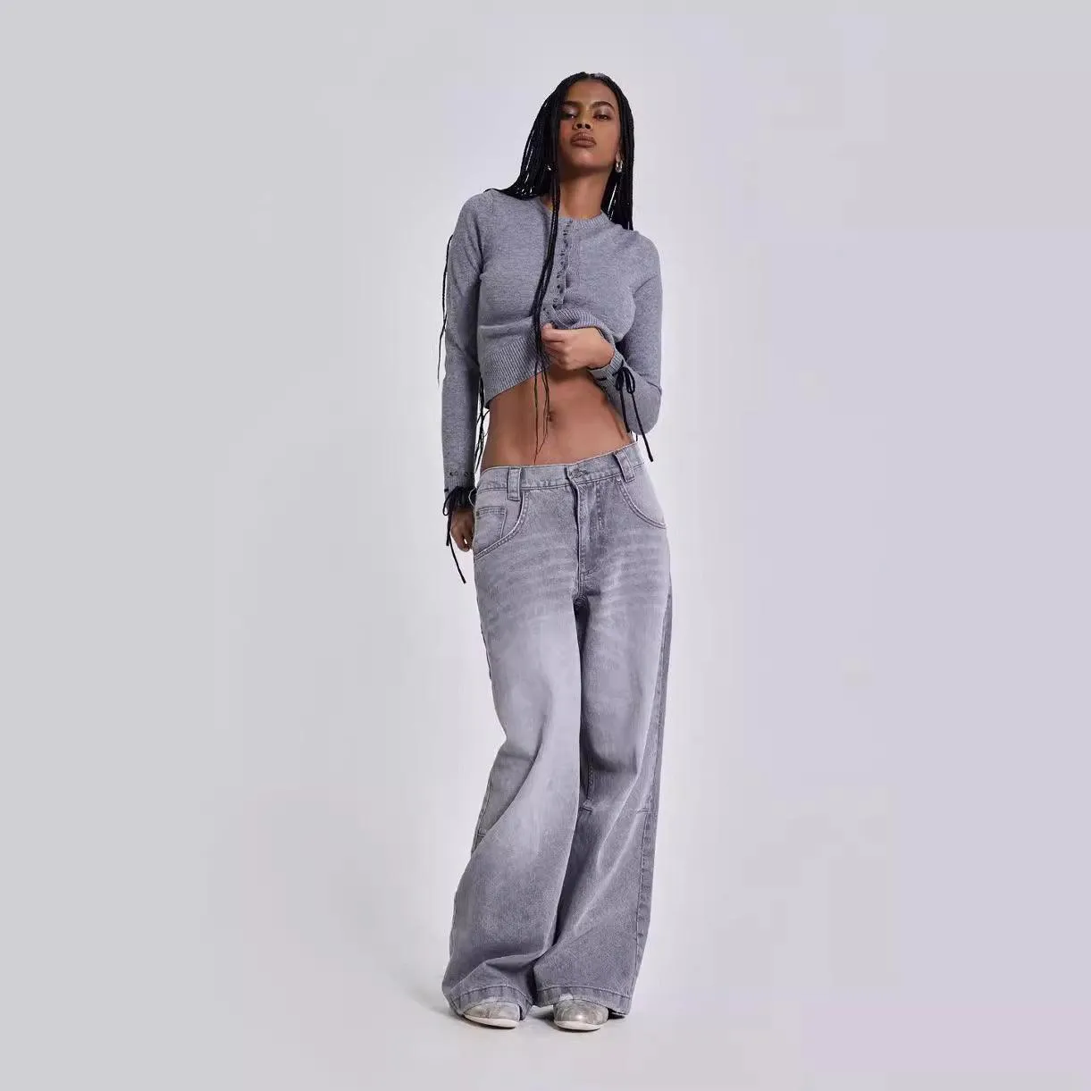 Gray Y2K Washed Distressed Casual Straight-Leg Jeans