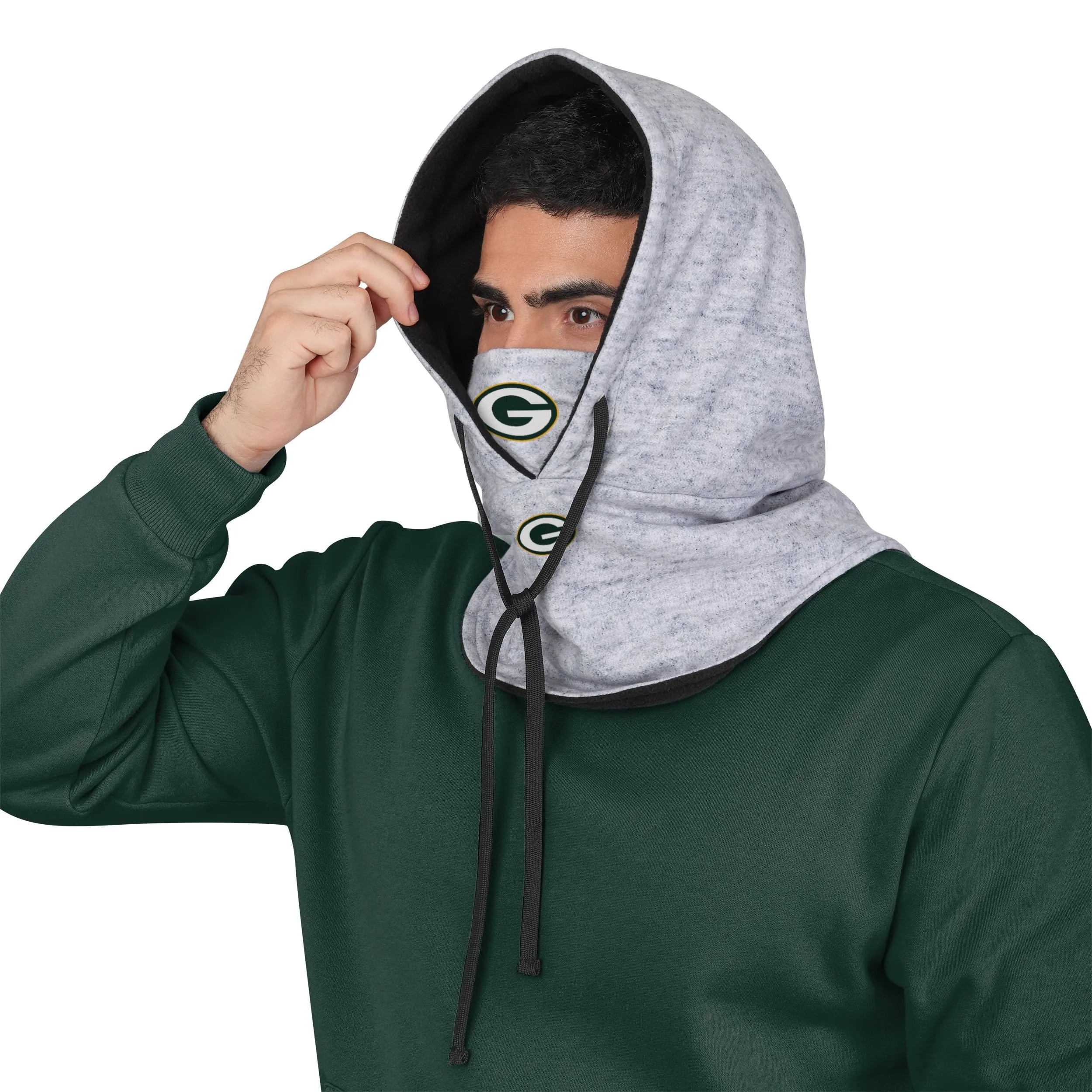 Green Bay Packers NFL Heather Gray Drawstring Hooded Gaiter Scarf