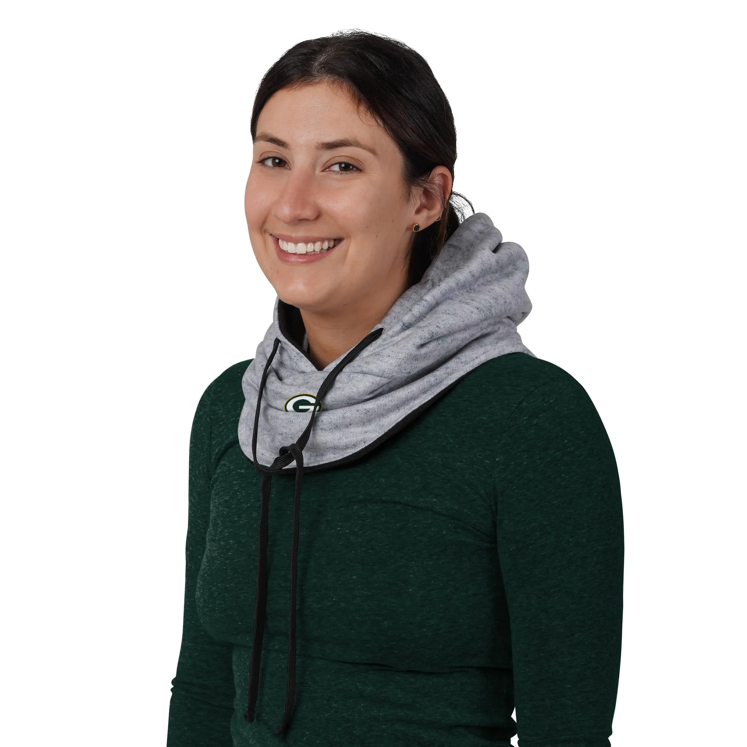 Green Bay Packers NFL Heather Gray Drawstring Hooded Gaiter Scarf