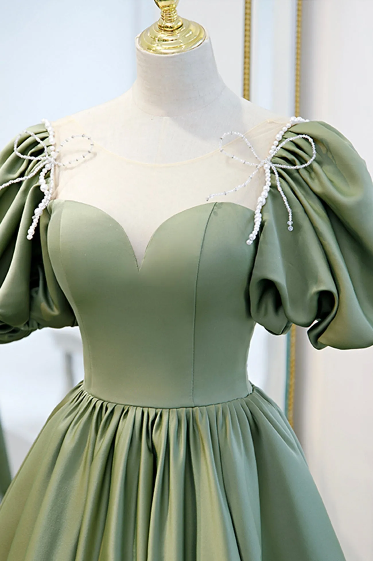 Green Satin A-Line Long Formal Dress, Green Junior Prom Dress
