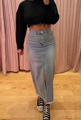 High Waisted Front Split Denim Midi Skirt