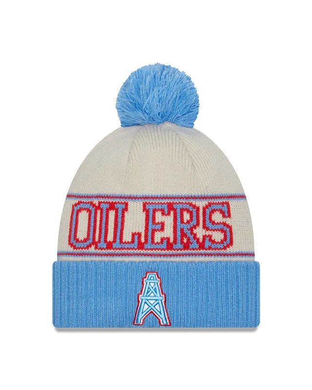 Houston Oilers New Era 2023 Sideline Historic Pom Cuffed Knit Hat - Cream/Baby Blue