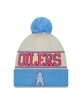 Houston Oilers New Era 2023 Sideline Historic Pom Cuffed Knit Hat - Cream/Baby Blue