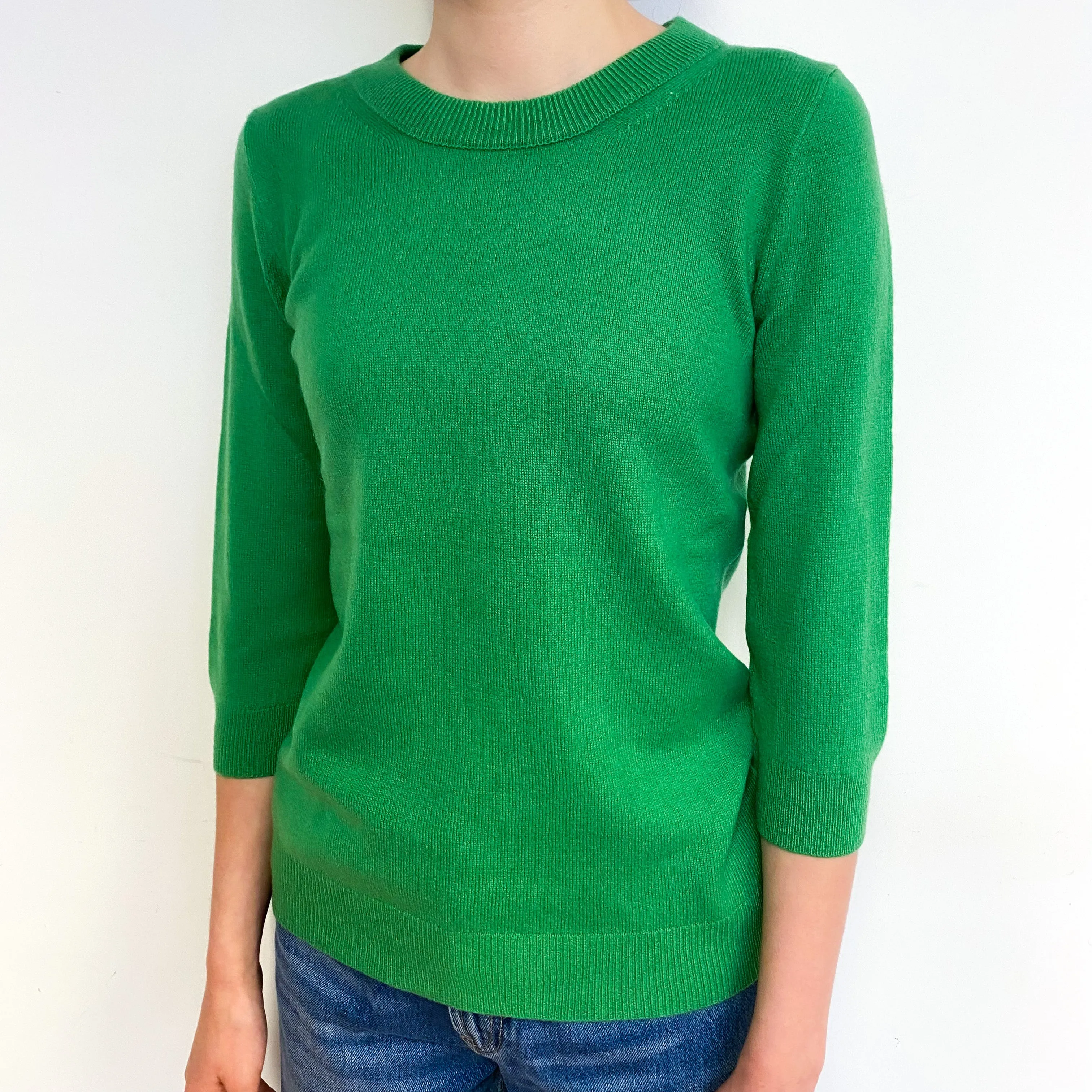 Jade Green 3/4 Sleeve Cashmere Crew Neck Jumper Extra Small