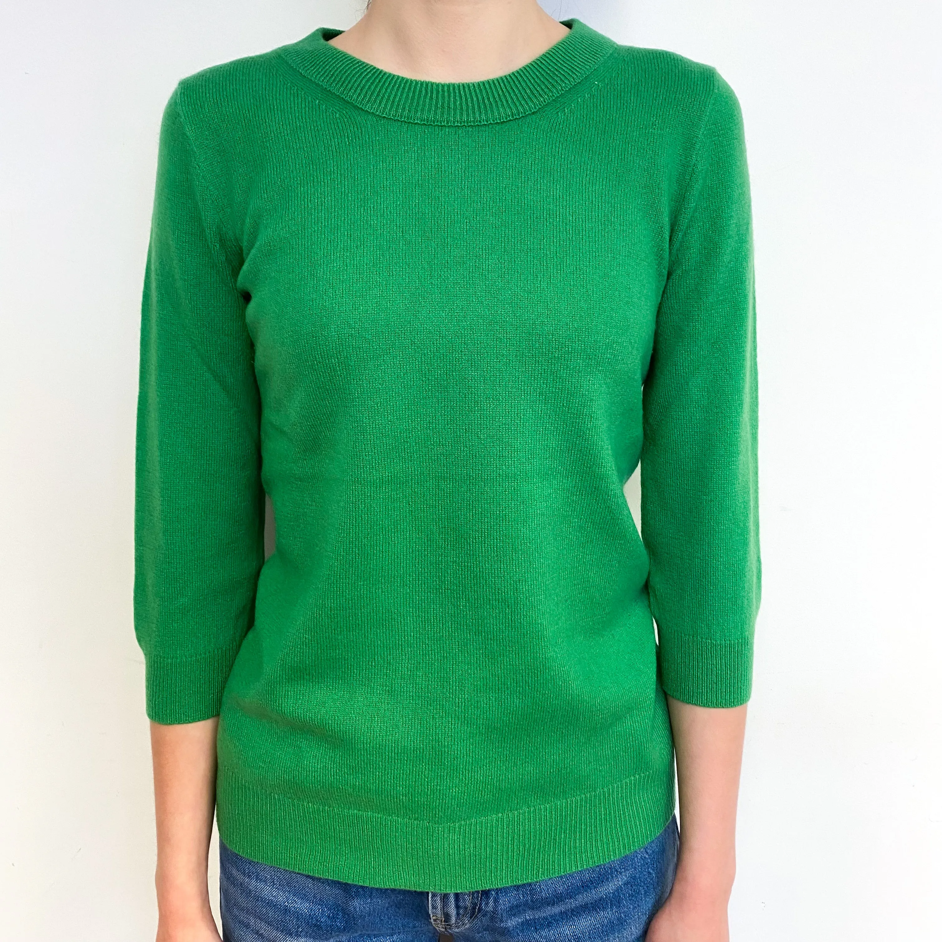 Jade Green 3/4 Sleeve Cashmere Crew Neck Jumper Extra Small