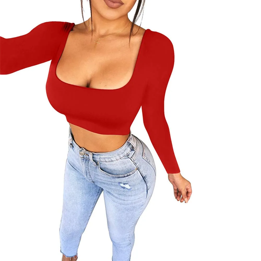 KAKALOT Basic Long Sleeve Crop Top Women's Scoop Neck Sexy Plain T Shirt Red M