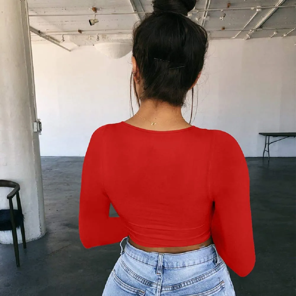 KAKALOT Basic Long Sleeve Crop Top Women's Scoop Neck Sexy Plain T Shirt Red M
