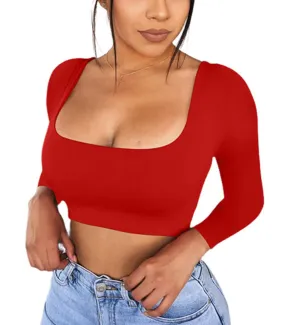 KAKALOT Basic Long Sleeve Crop Top Women's Scoop Neck Sexy Plain T Shirt Red M