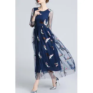 Ketty More Women High Neck Long Sleeve Mermaid Flower Dress-KMWDC8895