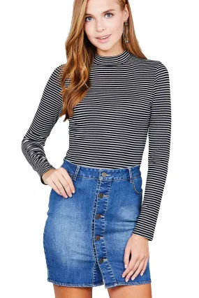 Khanomak Women's Super Soft Long Sleeve Striped Mock Neck Crop Top Shirt